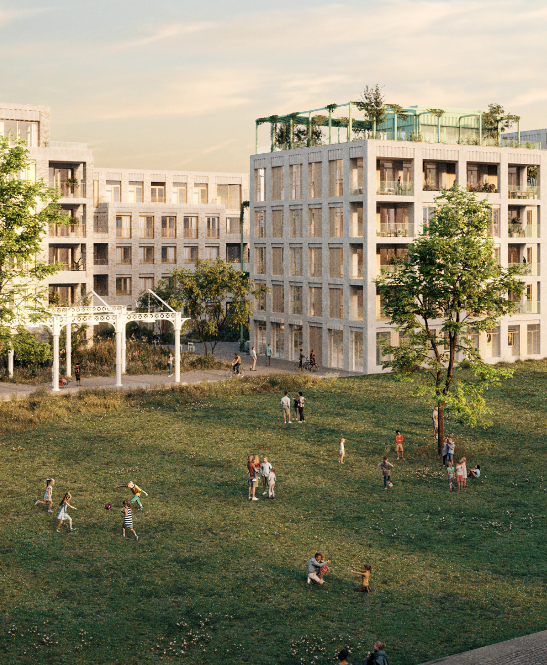 groen inkomplein met zicht op het cohousing gebouw Compagnie en het gebouw Orangerie.