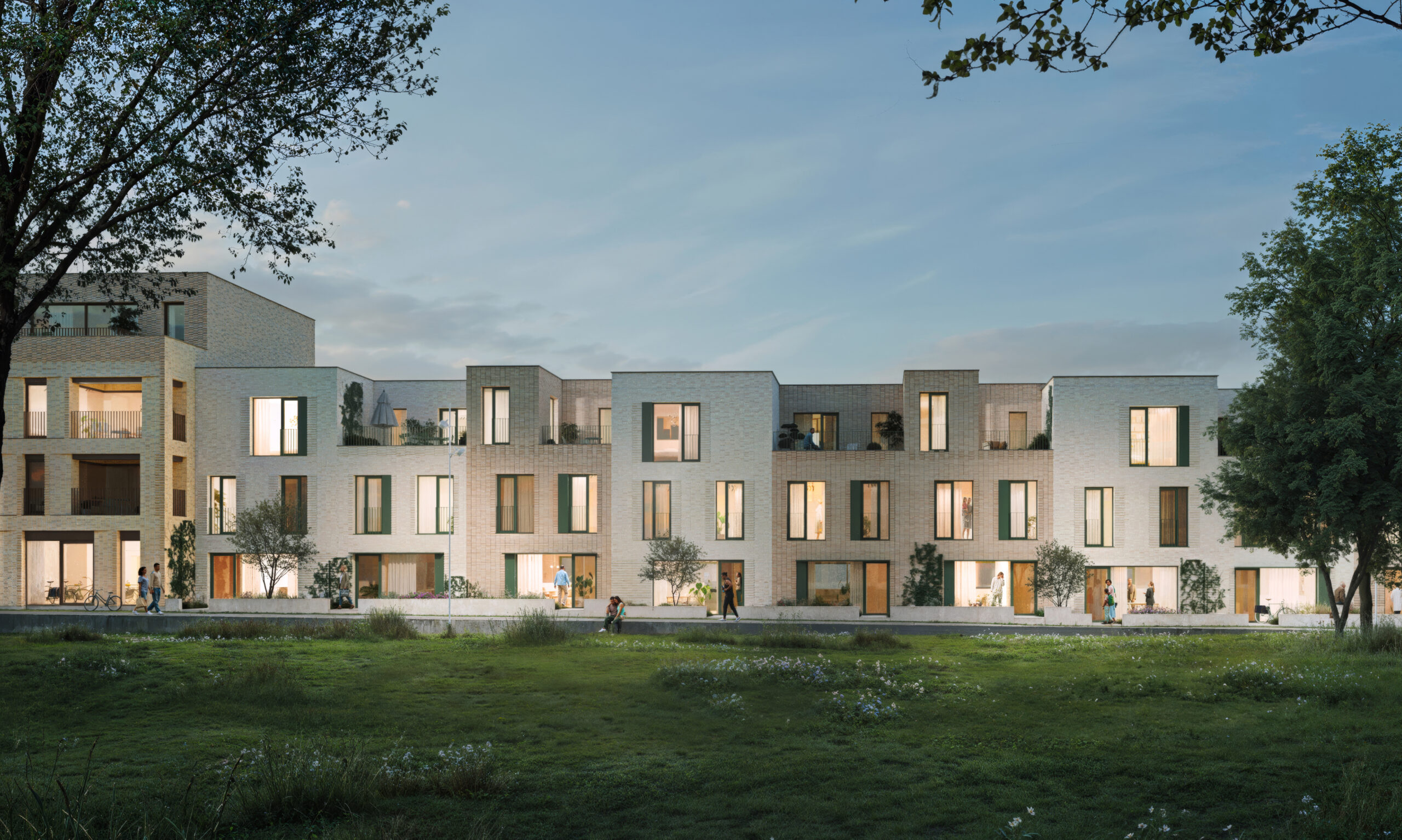 mco-f3-woolint binnentuin Dit zijn de woningen aanpalend aan de collectieve binnentuin van de derde fase van het Komet-woonproject in Mechelen.